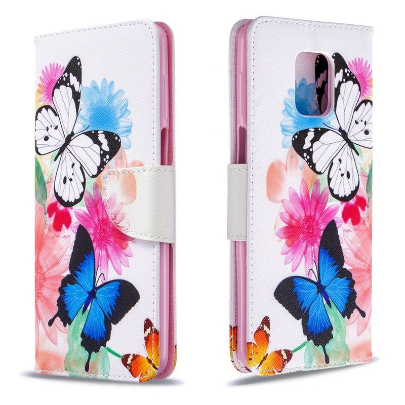 Læder Cover Xiaomi Redmi Note 9S / 9 Pro Malede Sommerfugle Og Blomster