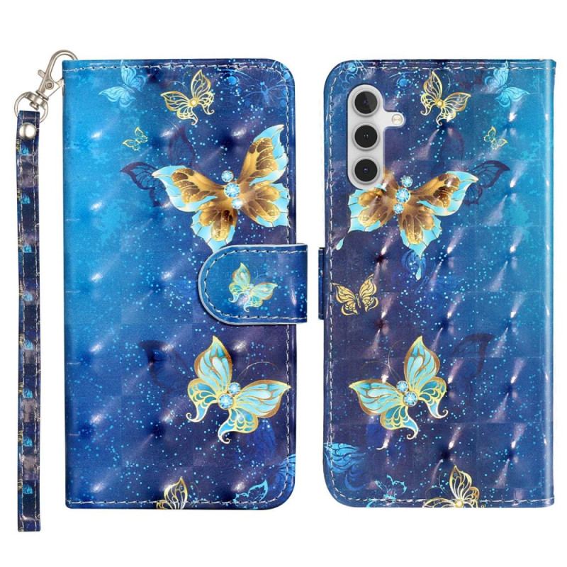 Læder Cover Samsung Galaxy A14 / A14 5G Med Snor Gyldne Sommerfugle Med Rem