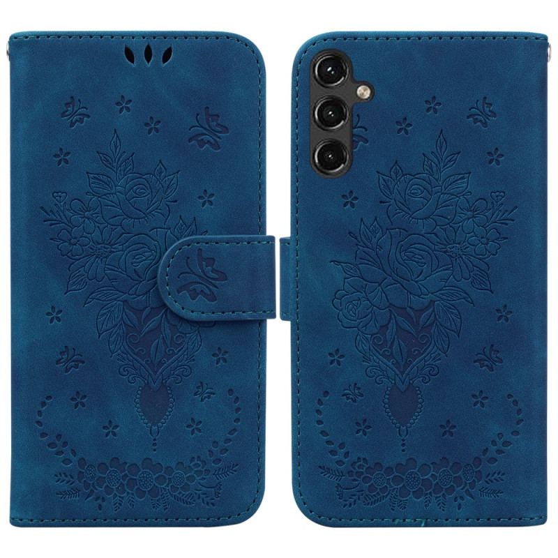 Læder Cover Samsung Galaxy A14 / A14 5G Med Snor Strappy Roser Og Sommerfugle