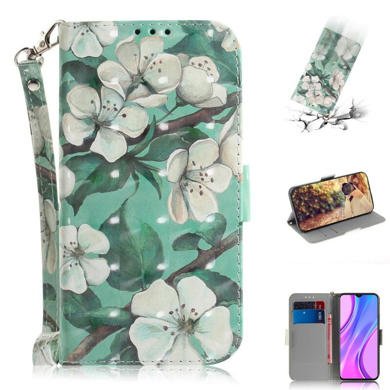 Flip Cover Xiaomi Redmi 9 Med Snor Blomstrende Gren Med Rem