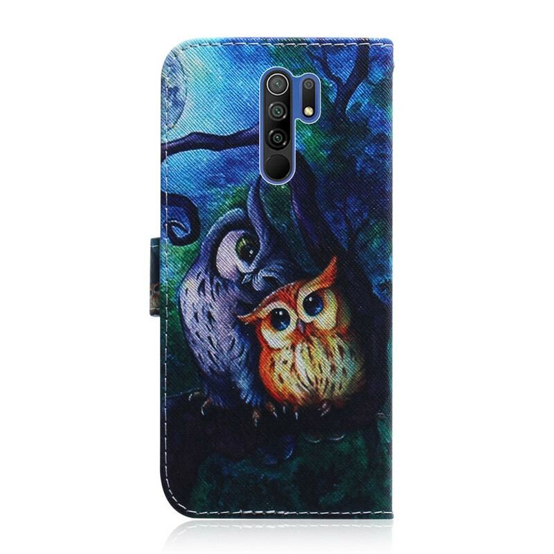 Læder Cover Xiaomi Redmi 9 Maleri Af Ugler