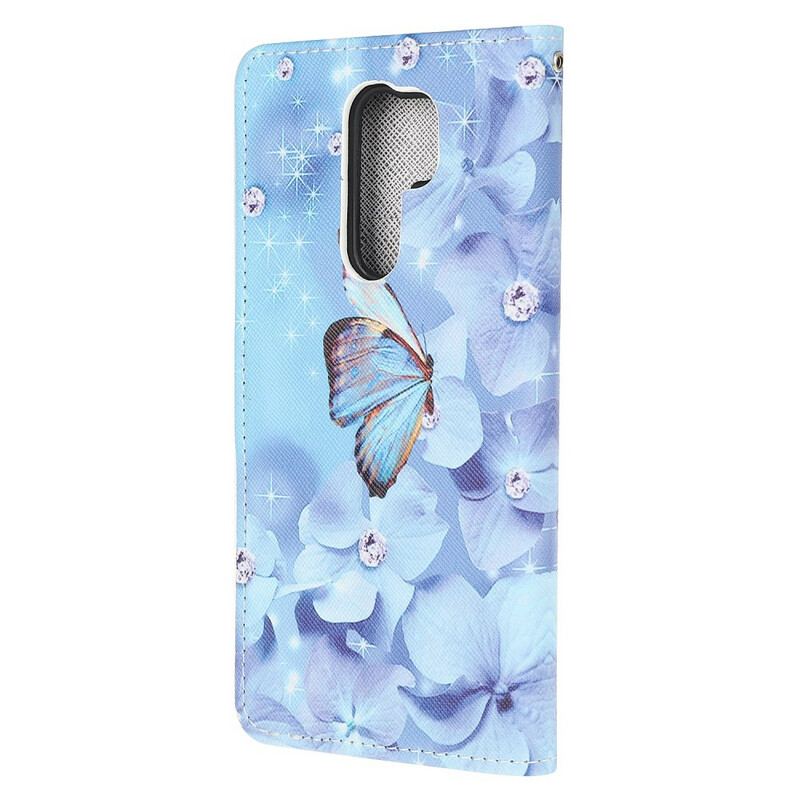 Læder Cover Xiaomi Redmi 9 Med Snor Strappy Diamond Sommerfugle