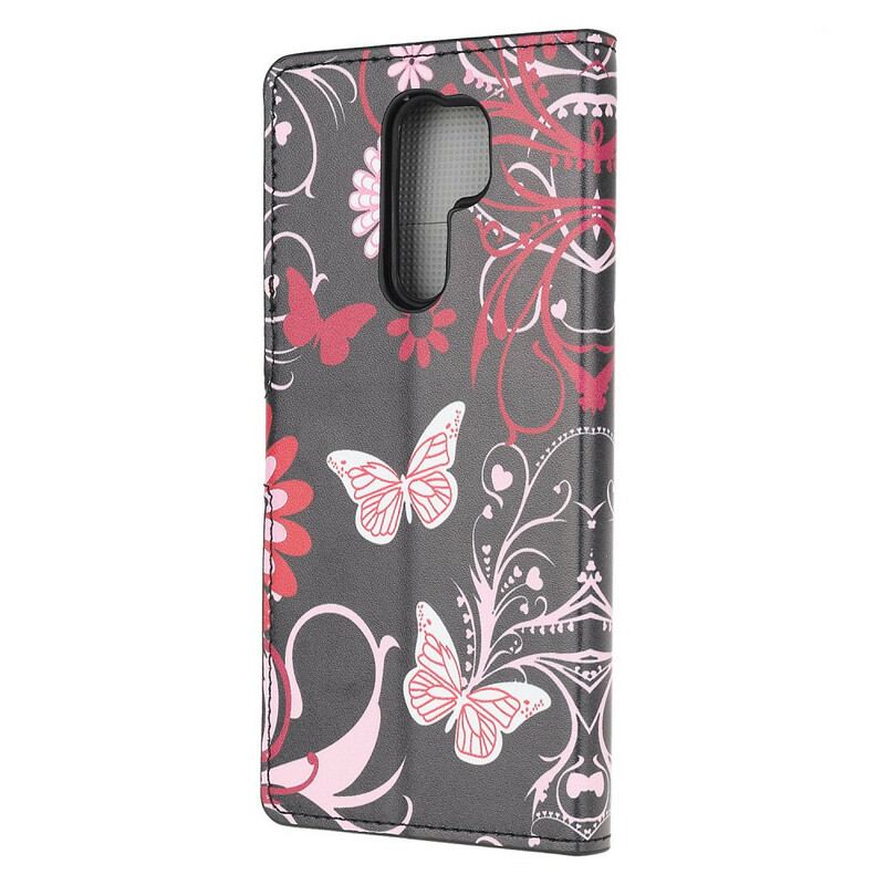 Læder Cover Xiaomi Redmi 9 Sommerfugle Og Blomster
