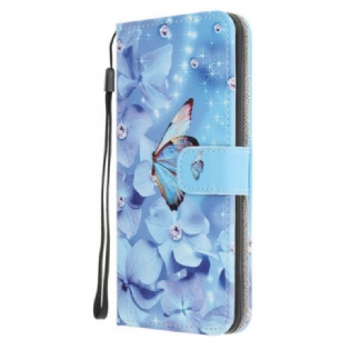 Flip Cover iPhone 12 Mini Med Snor Strappy Diamond Sommerfugle