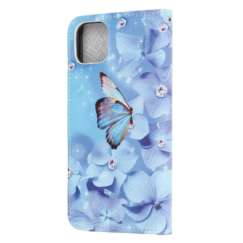 Flip Cover iPhone 12 Mini Med Snor Strappy Diamond Sommerfugle