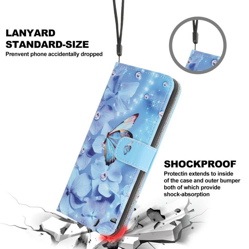 Flip Cover iPhone 12 Mini Med Snor Strappy Diamond Sommerfugle