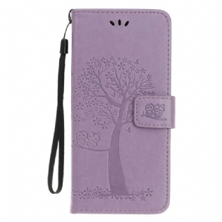 Flip Cover iPhone 12 Mini Med Snor Thong Træ Og Ugler