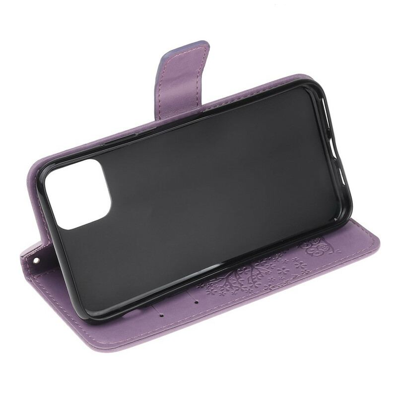 Flip Cover iPhone 12 Mini Med Snor Thong Træ Og Ugler