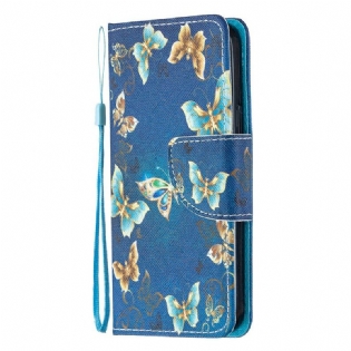 Læder Cover iPhone 12 Mini Med Snor Blå Sommerfugle Og Blomster Med Rem