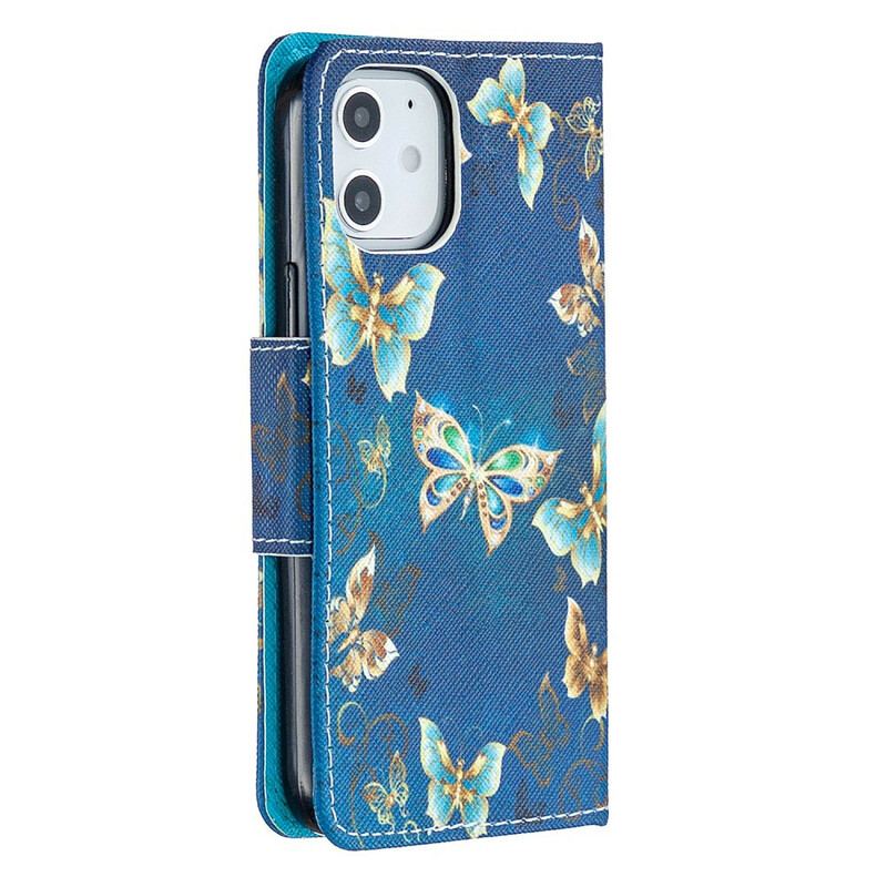 Læder Cover iPhone 12 Mini Med Snor Blå Sommerfugle Og Blomster Med Rem