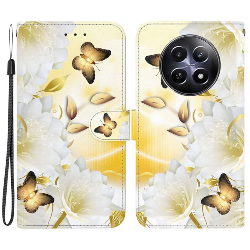 Flip Cover Realme 12 / 12x 5g Gyldne Sommerfugle Og Blomster Med Rem