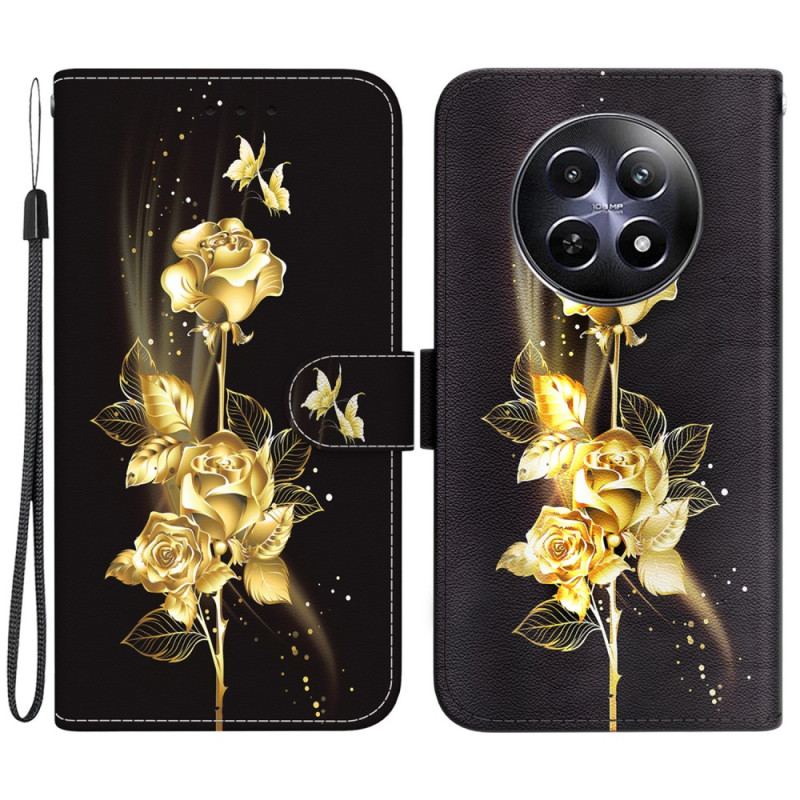 Læder Cover Realme 12 / 12x 5g Telefon Etui Guld Og Pink Sommerfugl Med Rem