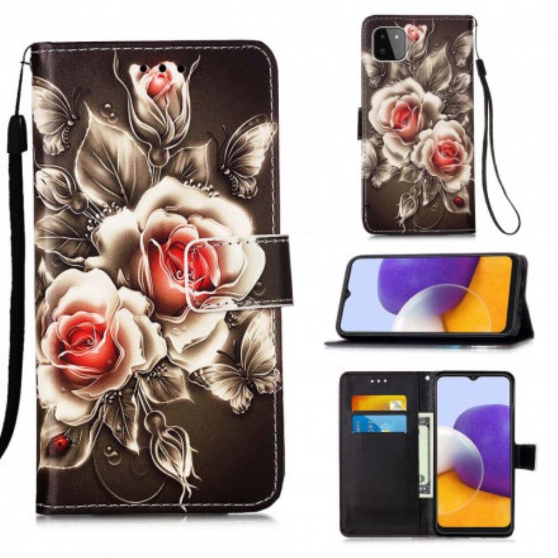 Flip Cover Samsung Galaxy A22 5G Gyldne Roser