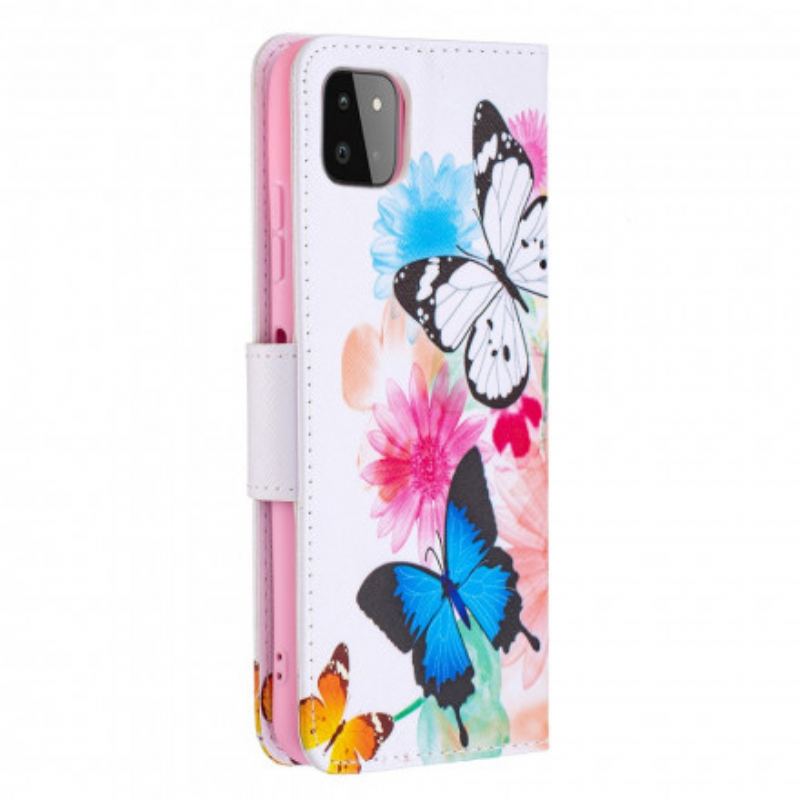 Flip Cover Samsung Galaxy A22 5G Malede Sommerfugle Og Blomster