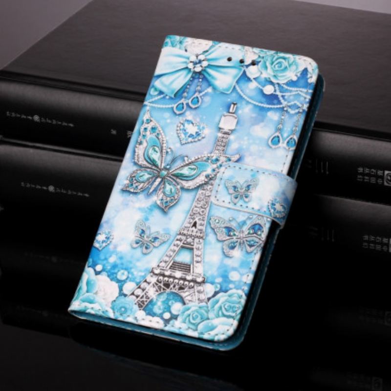Flip Cover Samsung Galaxy A22 5G Med Snor Eiffeltårnets Sommerfuglestrop