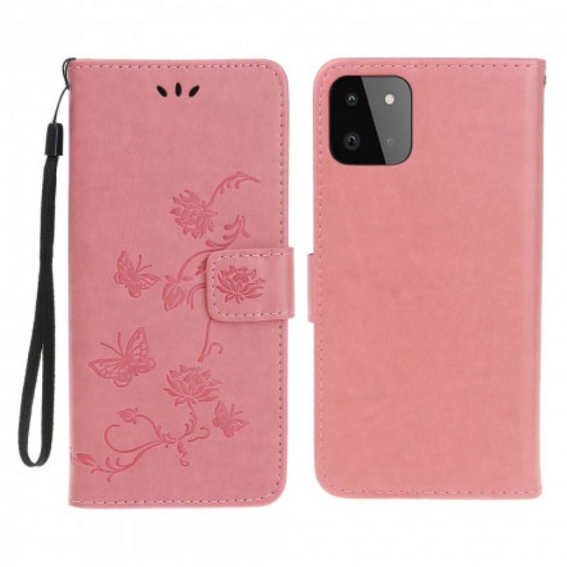 Flip Cover Samsung Galaxy A22 5G Med Snor Sommerfugle Og Blomsterrem