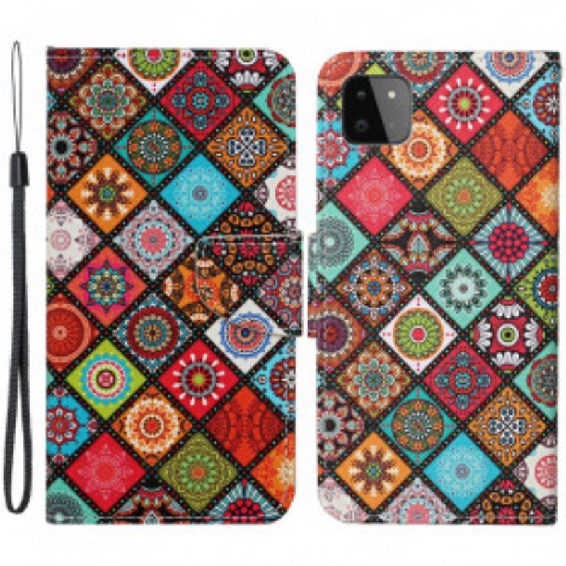 Flip Cover Samsung Galaxy A22 5G Patchwork Mandalaer Med Snor