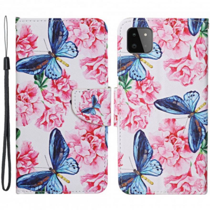 Læder Cover Samsung Galaxy A22 5G Butterflies Floral Lanyard