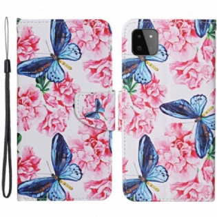 Læder Cover Samsung Galaxy A22 5G Butterflies Floral Lanyard