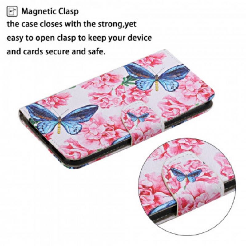 Læder Cover Samsung Galaxy A22 5G Butterflies Floral Lanyard