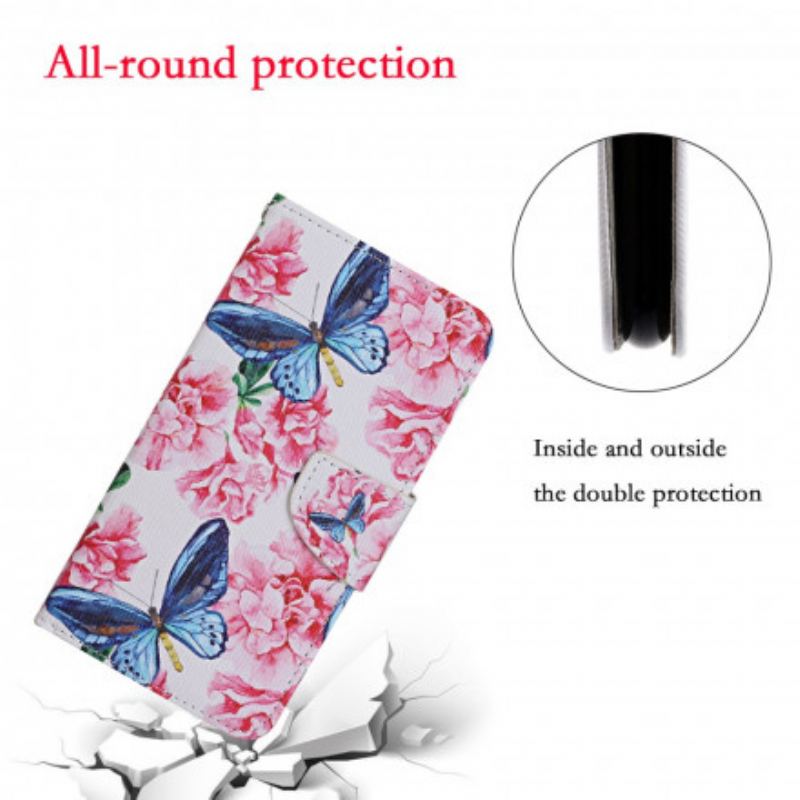 Læder Cover Samsung Galaxy A22 5G Butterflies Floral Lanyard