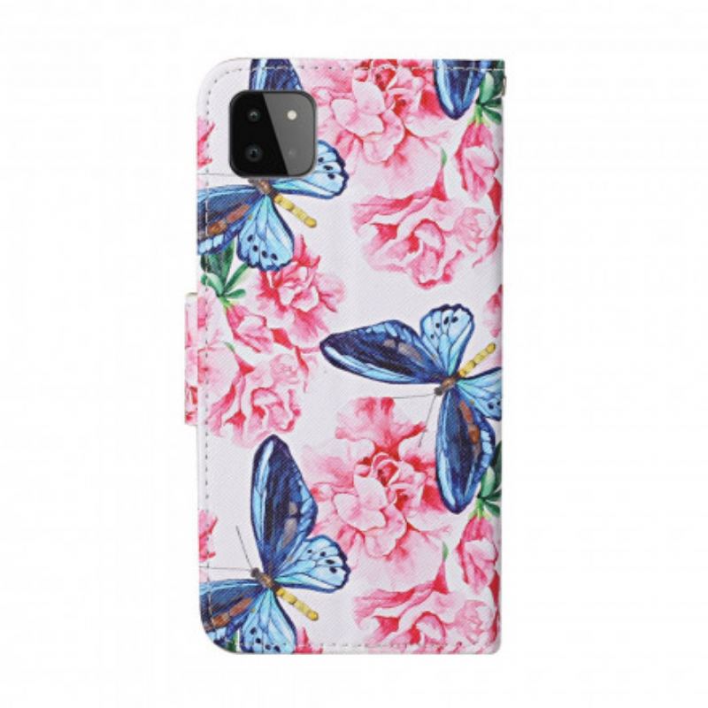 Læder Cover Samsung Galaxy A22 5G Butterflies Floral Lanyard