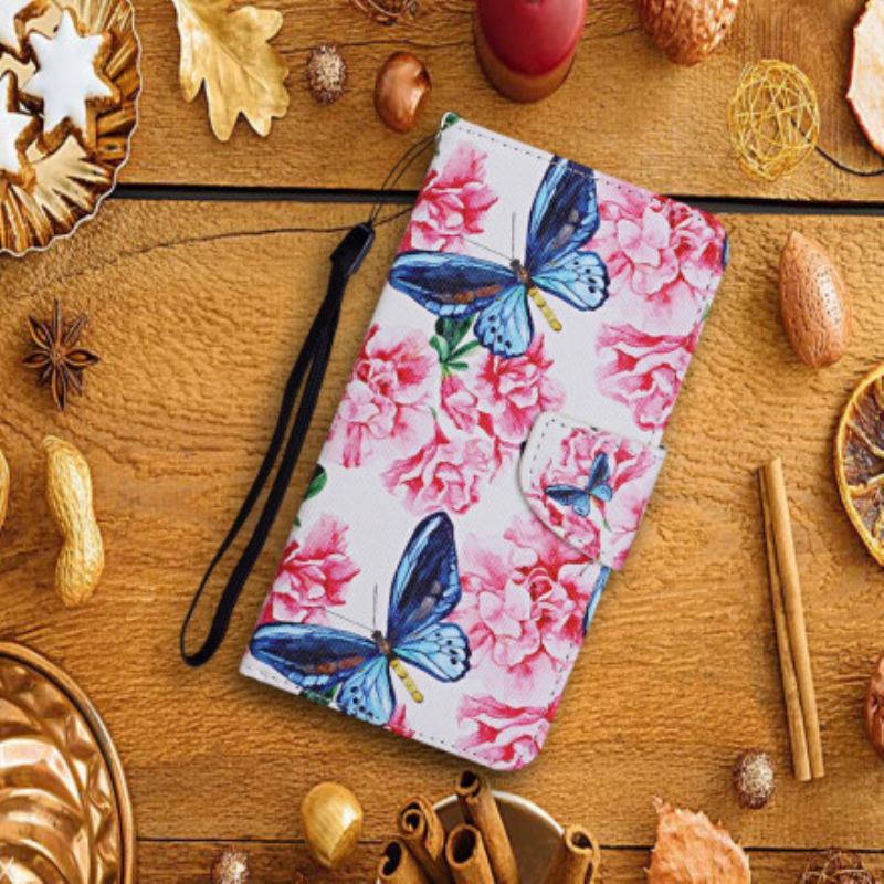 Læder Cover Samsung Galaxy A22 5G Butterflies Floral Lanyard