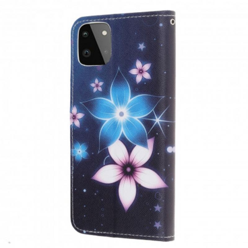 Læder Cover Samsung Galaxy A22 5G Med Snor Lunar Strap Blomster