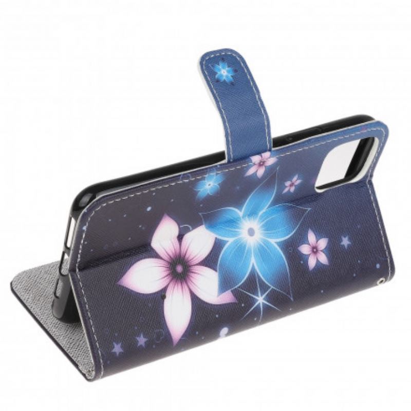 Læder Cover Samsung Galaxy A22 5G Med Snor Lunar Strap Blomster