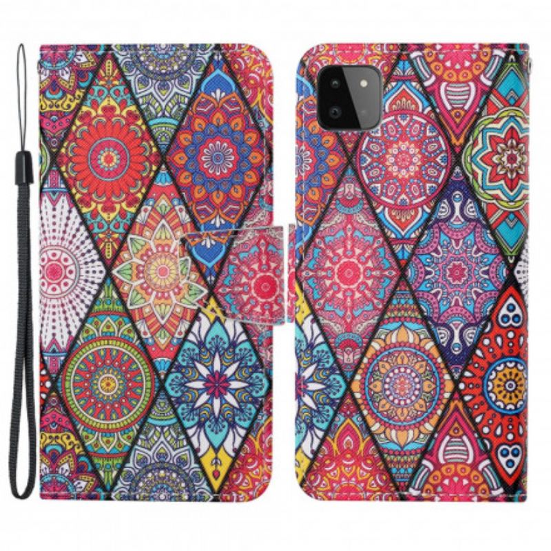 Læder Cover Samsung Galaxy A22 5G Patchwork Med Lanyard