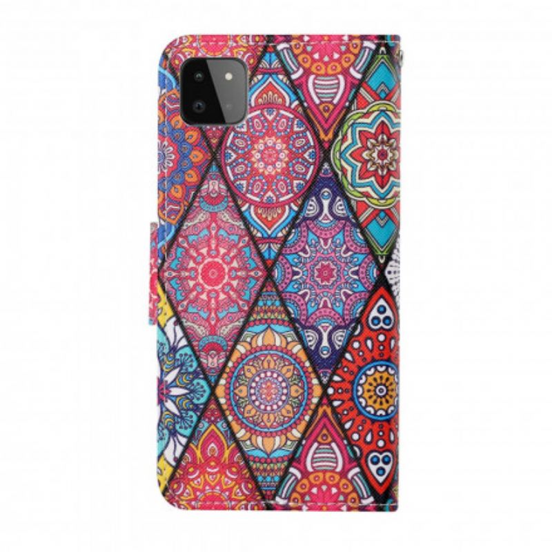 Læder Cover Samsung Galaxy A22 5G Patchwork Med Lanyard