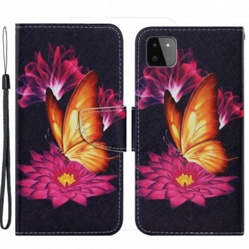 Læder Cover Samsung Galaxy A22 5G Sommerfugl Og Lotus