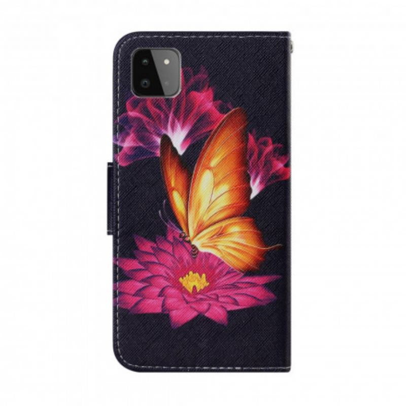 Læder Cover Samsung Galaxy A22 5G Sommerfugl Og Lotus