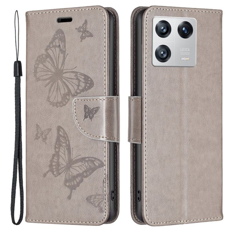 Flip Cover Xiaomi 13 Med Snor Sommerfugle Trykt Strappy