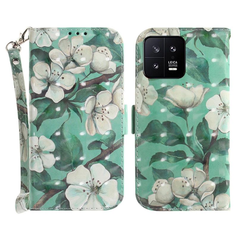 Flip Cover Xiaomi 13 Med Snor Strappy Hvide Blomster