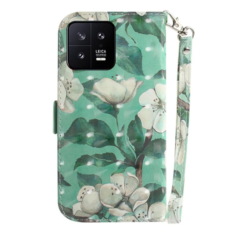 Flip Cover Xiaomi 13 Med Snor Strappy Hvide Blomster