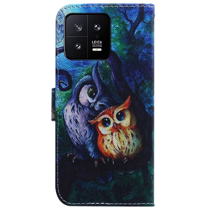 Læder Cover Xiaomi 13 Med Snor Strappy Owls Maleri