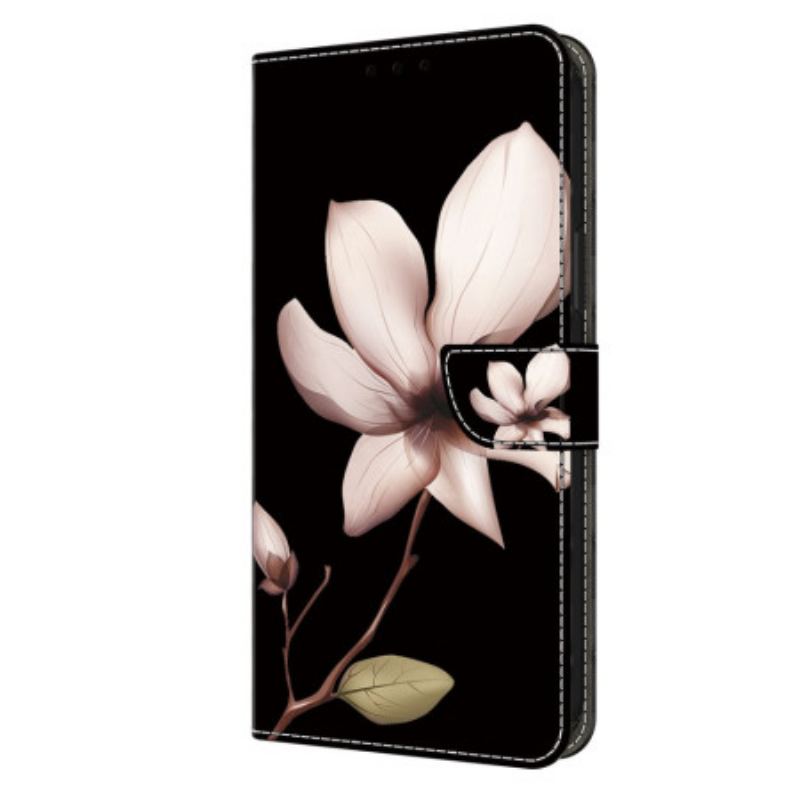 Læder Cover Google Pixel 9 Pro Xl Telefon Etui Lyserød Blomst På Sort Baggrund