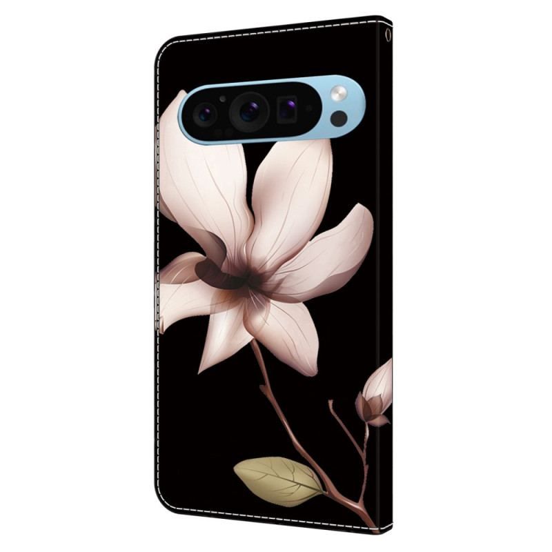 Læder Cover Google Pixel 9 Pro Xl Telefon Etui Lyserød Blomst På Sort Baggrund