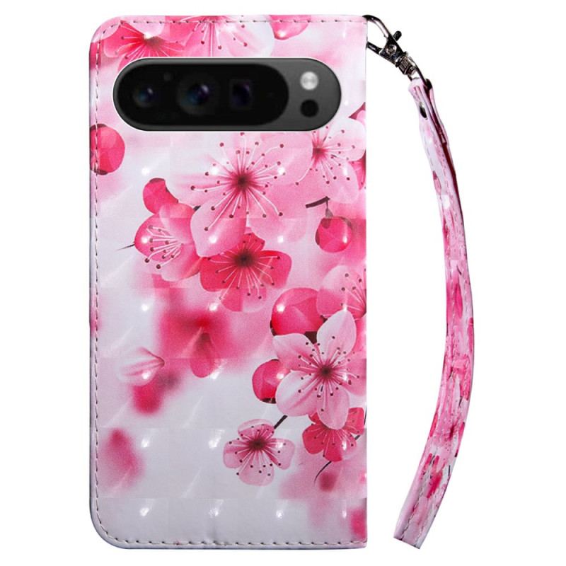 Læder Cover Google Pixel 9 Pro Xl Telefon Etui Rød Blomsterrem