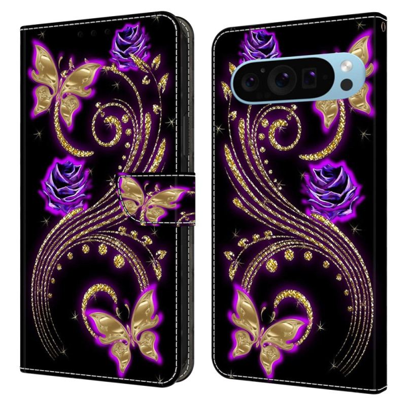 Læder Cover Google Pixel 9 Pro Xl Telefon Etui Violette Blomster Og Sommerfugle