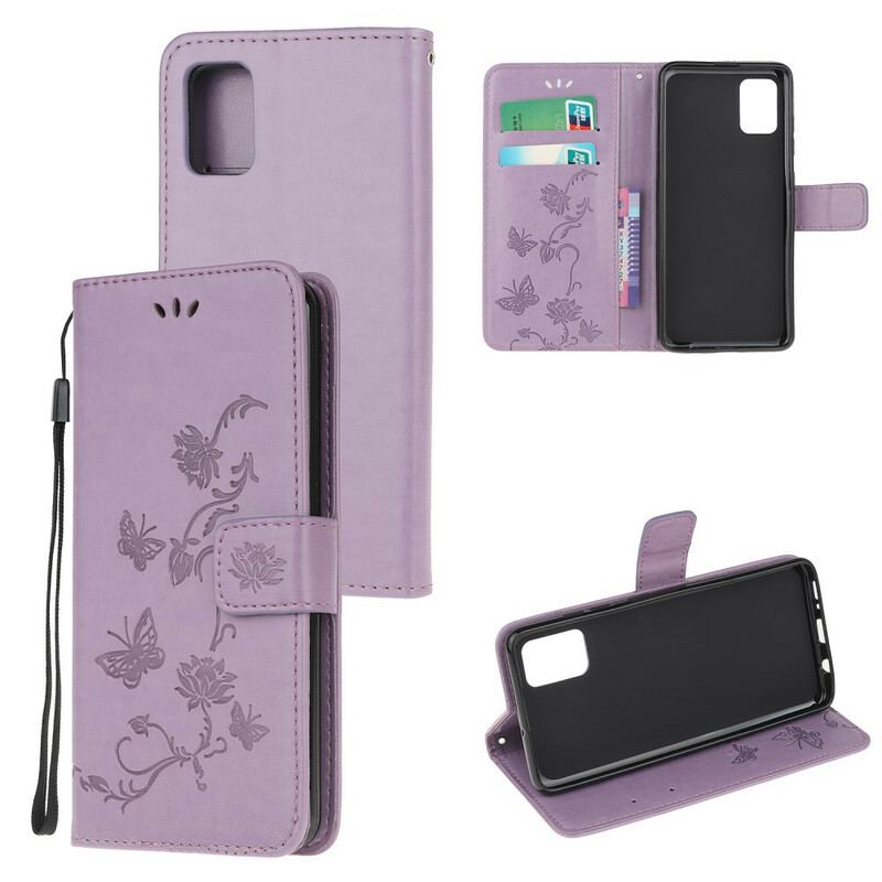 Flip Cover Samsung Galaxy A72 4G / A72 5G Med Snor Thong Sommerfugle Og Blomster