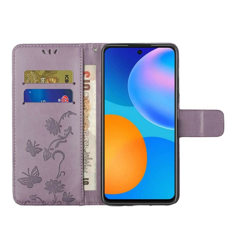 Flip Cover Samsung Galaxy A72 4G / A72 5G Med Snor Thong Sommerfugle Og Blomster