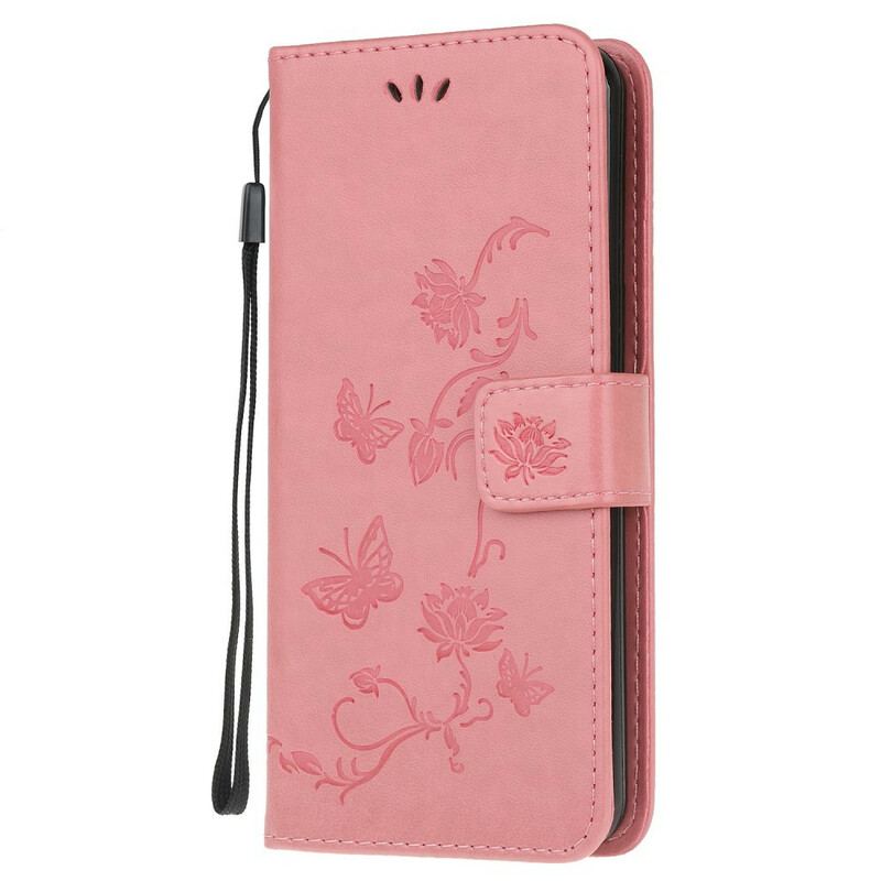 Flip Cover Samsung Galaxy A72 4G / A72 5G Med Snor Thong Sommerfugle Og Blomster