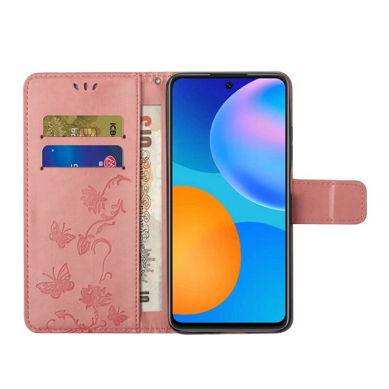 Flip Cover Samsung Galaxy A72 4G / A72 5G Med Snor Thong Sommerfugle Og Blomster