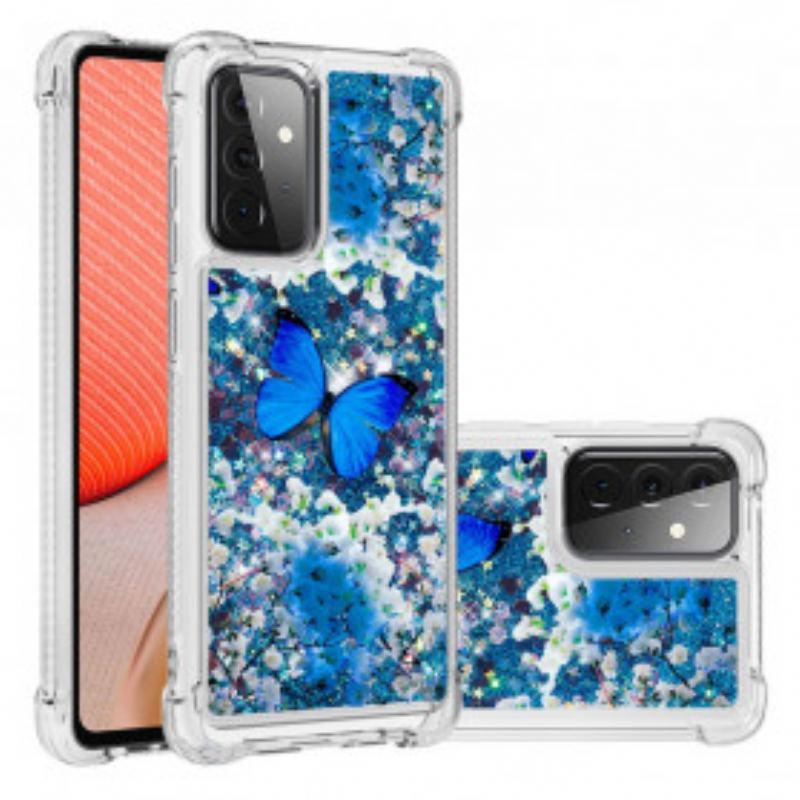 Mobilcover Samsung Galaxy A72 4G / A72 5G Glitter Blå Sommerfugle