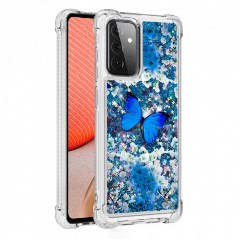 Mobilcover Samsung Galaxy A72 4G / A72 5G Glitter Blå Sommerfugle