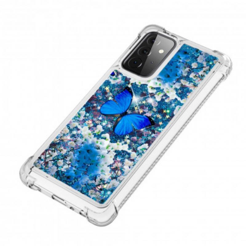 Mobilcover Samsung Galaxy A72 4G / A72 5G Glitter Blå Sommerfugle