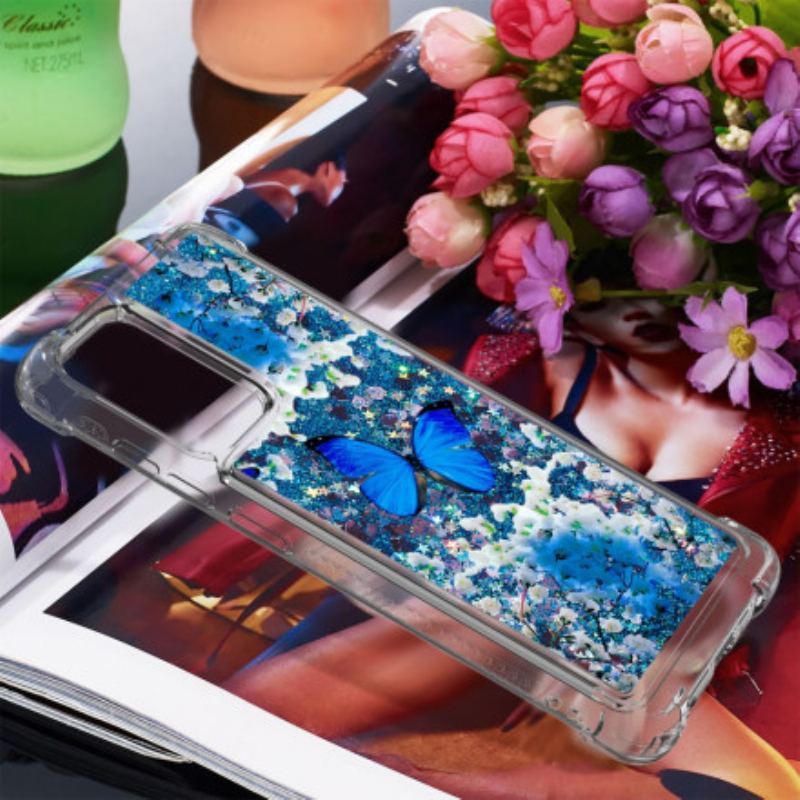 Mobilcover Samsung Galaxy A72 4G / A72 5G Glitter Blå Sommerfugle
