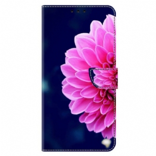 Læder Cover Xiaomi 14 Pro Lyserød Blomst På Blå Baggrund